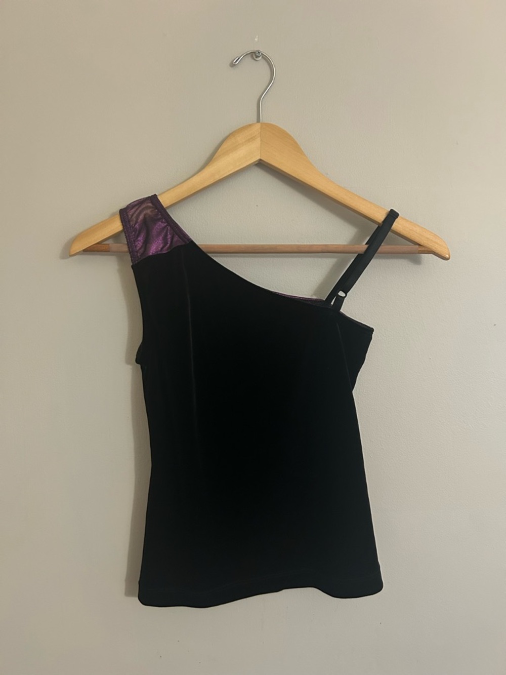 Asymmetrical Black Velvet Tank with Purple Shoulder Accent